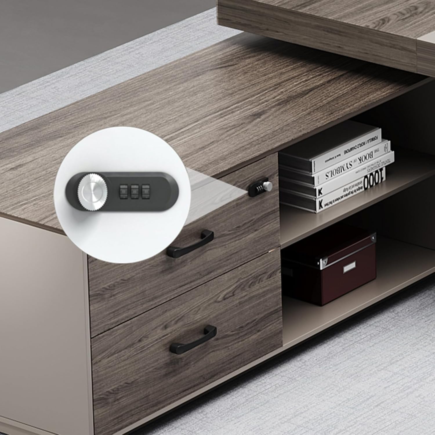 L-Shaped Brown Computer Desk, Executive Office Desk with Lateral Cabinet, Gaming Study Table Business Furniture Set for Home Office