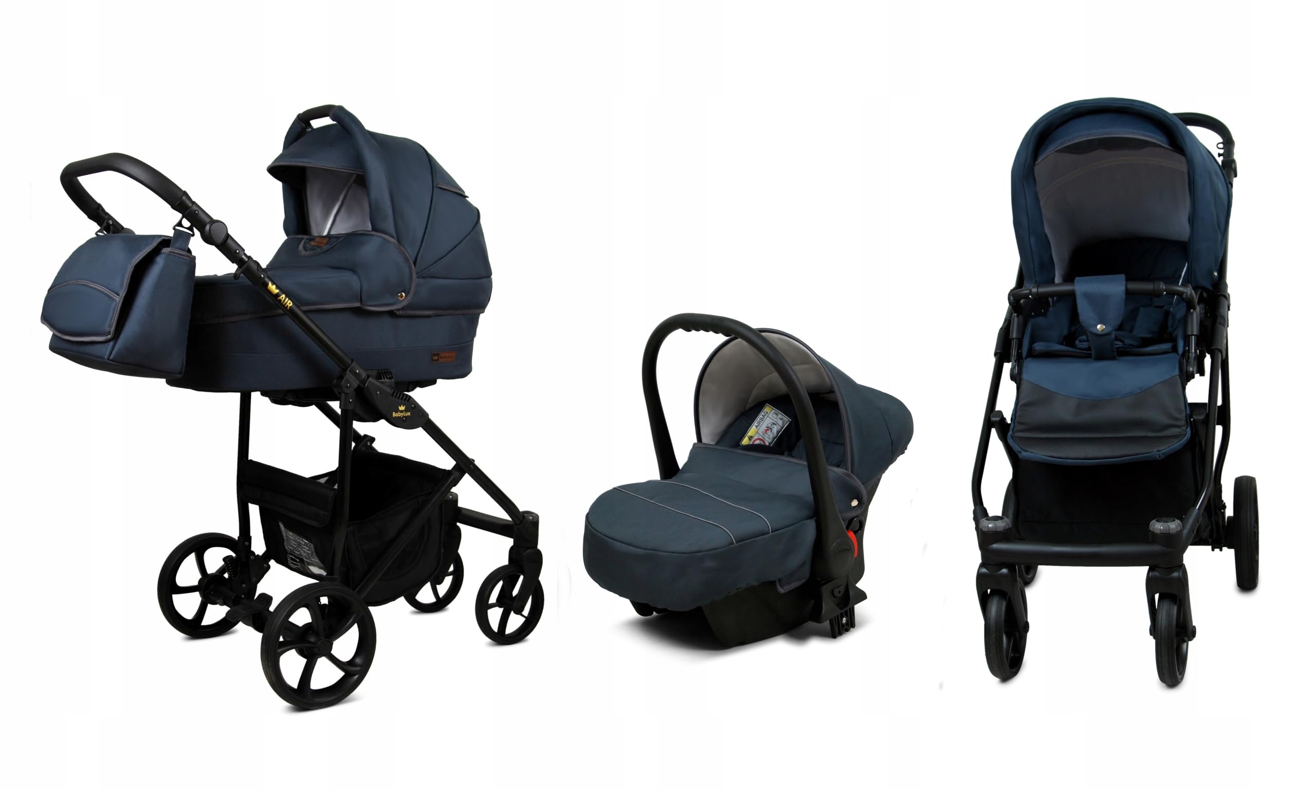 BabyLux® Carrito de Bebé Sistema de Viaje Set 3 en 1 - Air - Antracyt - incl. Capazo, Silla de Paseo, Silla Coche - Cochecito - con Bolso cambiador, Cubierta para la lluvia, Mosquitera etc.