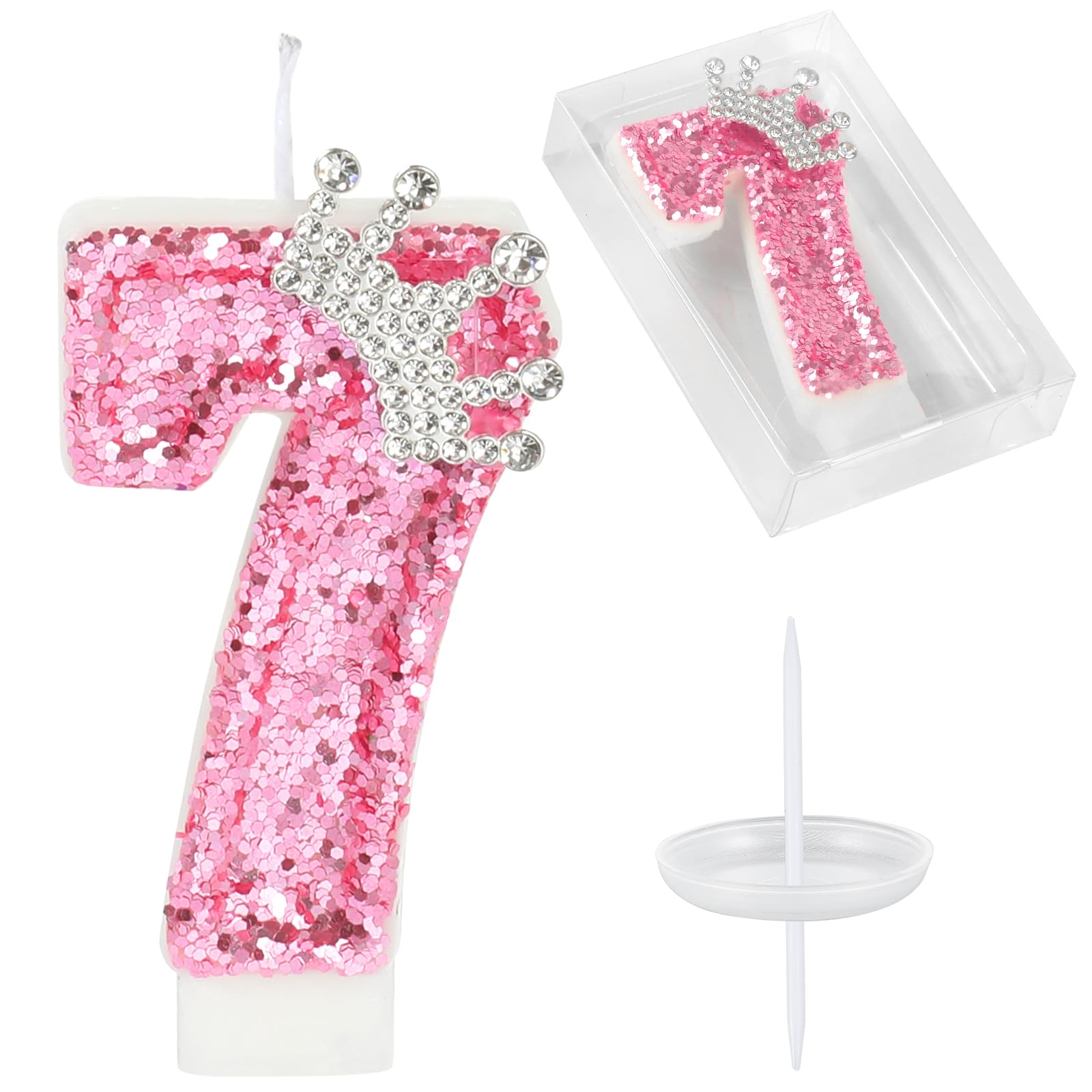 Sparkly Sequin Number 7 Birthday Candle - With Rhinestone Crown, Drip Tray & Stick - View #9