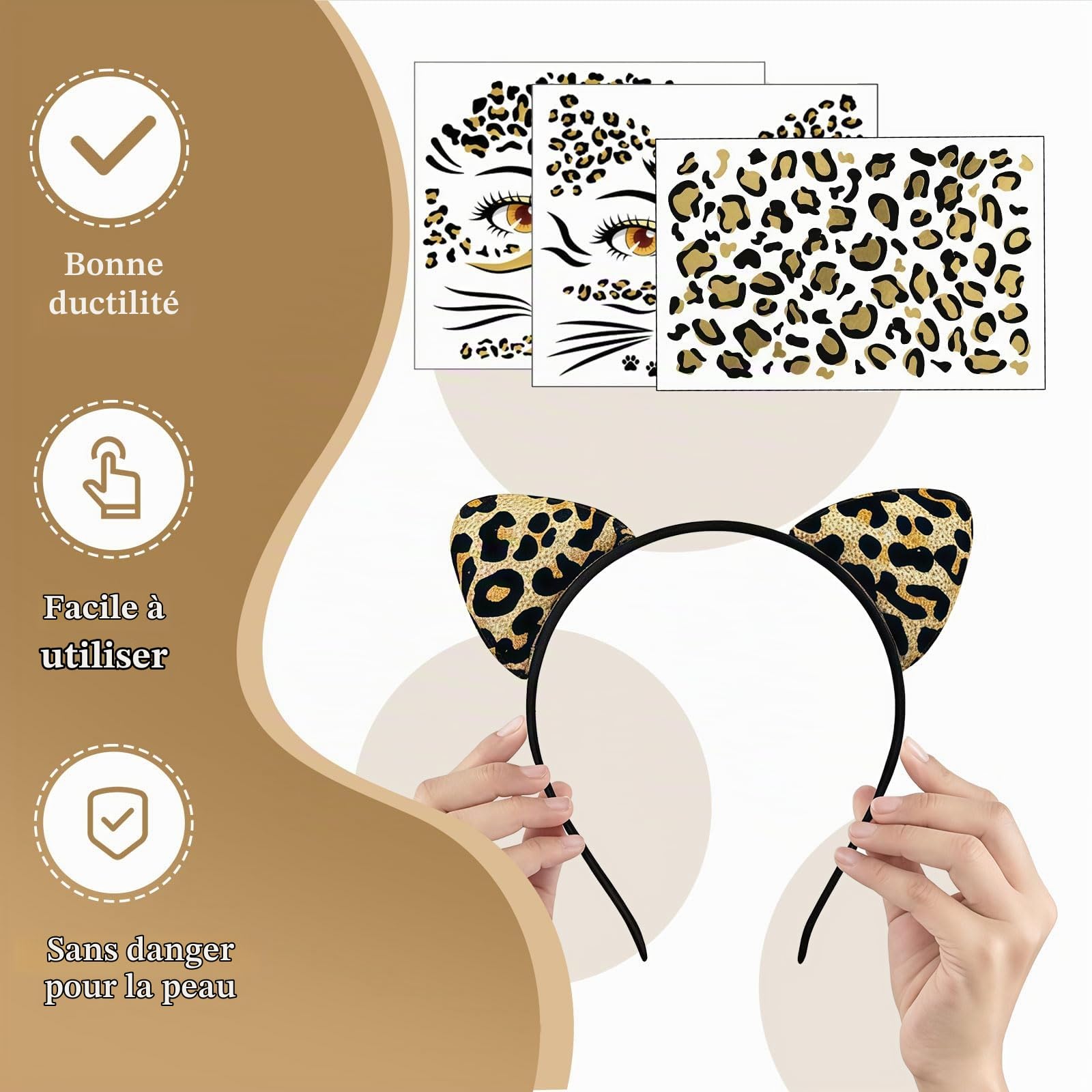 Ensemble de Costume léopard pour Femmes, Serre-tête Oreilles de léopard avec 3 Tatouages faciaux différents pour fête de Carnaval Accessoires léopard