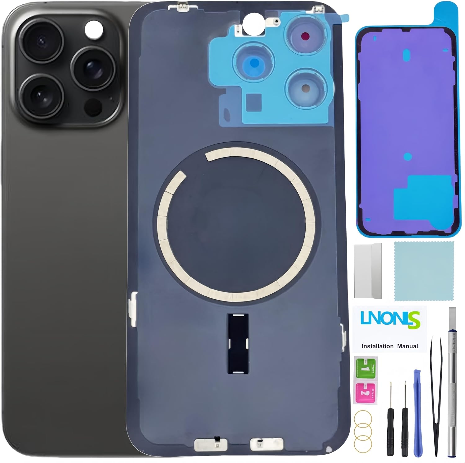 15 Pro Max Back Glass Replacement for iPhone 15 Pro Max Rear Back Cover Glass Waterproof and Camera Lens+Professional Repair Tool Kit (Blue Titanium)