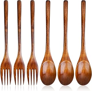 6 Pcs Wooden Forks and Spoons Reusable Wooden Spoons Forks Set Eating Utensil Set wooden Cutlery Wood Dinnerware Set Wood Kitchen Tableware Bamboo Utensils for Stirring Cooking Eating