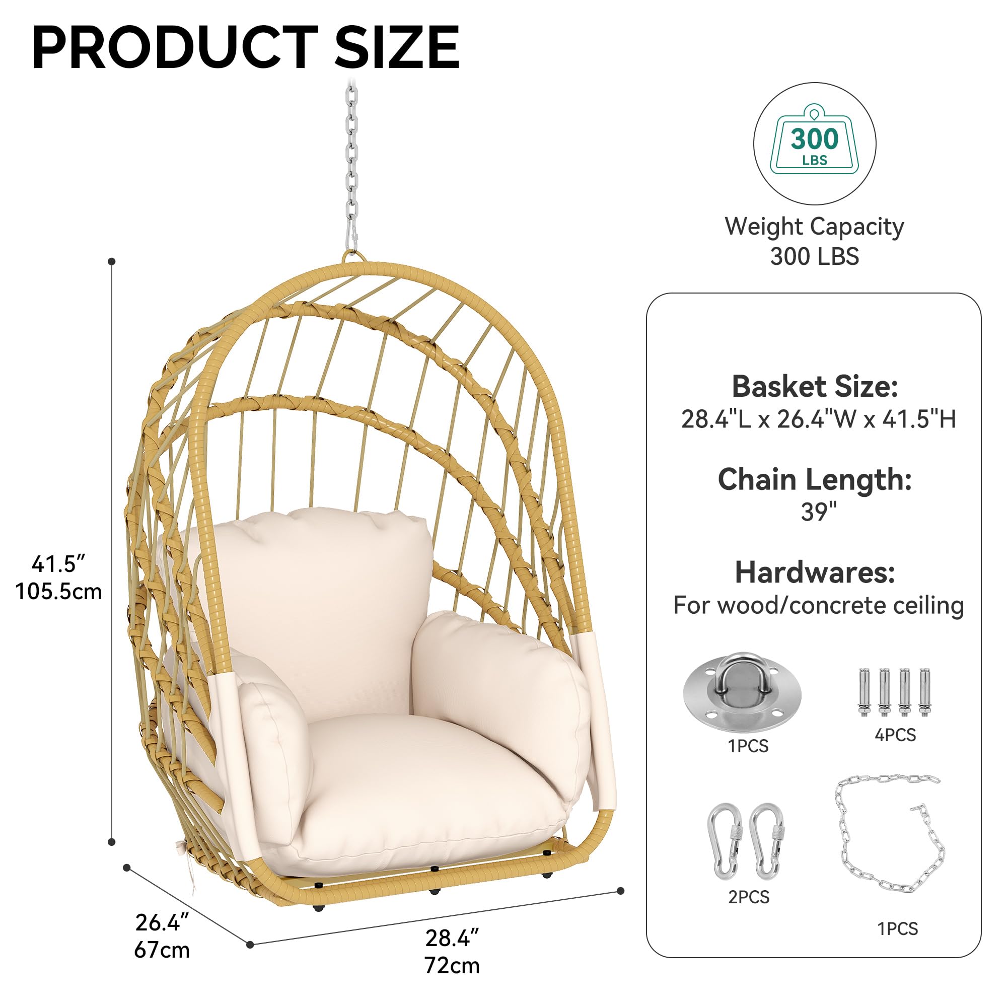 YITAHOME Hamaca Colgante sin Marco, Mecedora de ratán con cojín Lavable, Capacidad de Carga de 160 kg, Silla Colgante Plegable para terraza, jardín, Dormitorio y balcón, Color Beige
