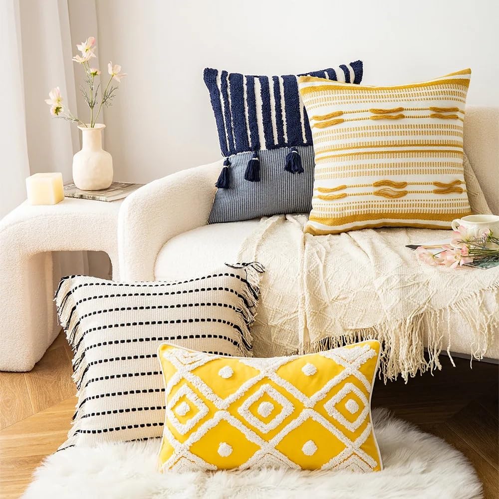 Skandynawski żółty pasek szydełkowy poszewka na poduszkę geometryczne pikowane frędzle poszewki na poduszki sofa dekoracja domu(E,45X45 Cushion cover)