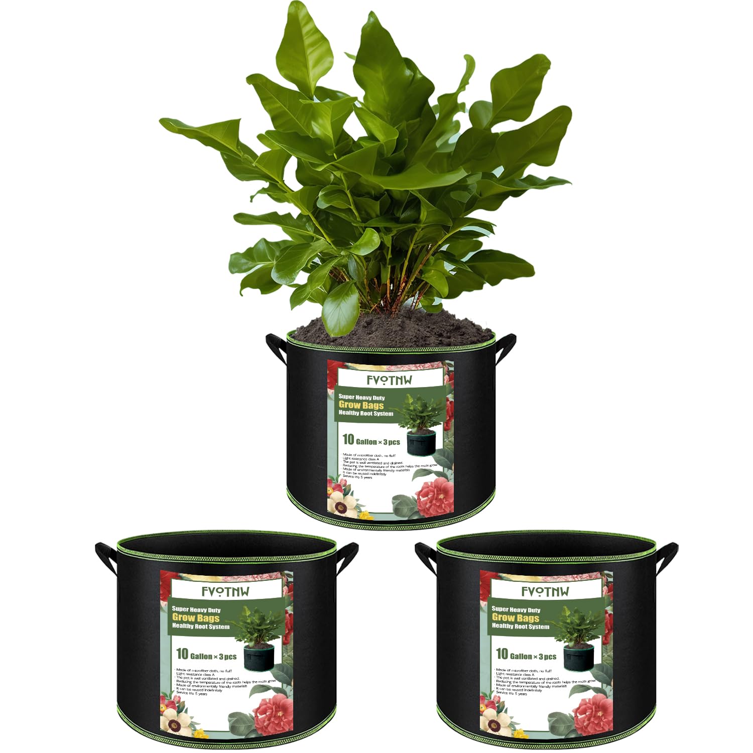 3-Pack 10 Gallon Plant Grow Bags, Thickened Nonwoven Fabric Pots with Handles (FVOTNW)