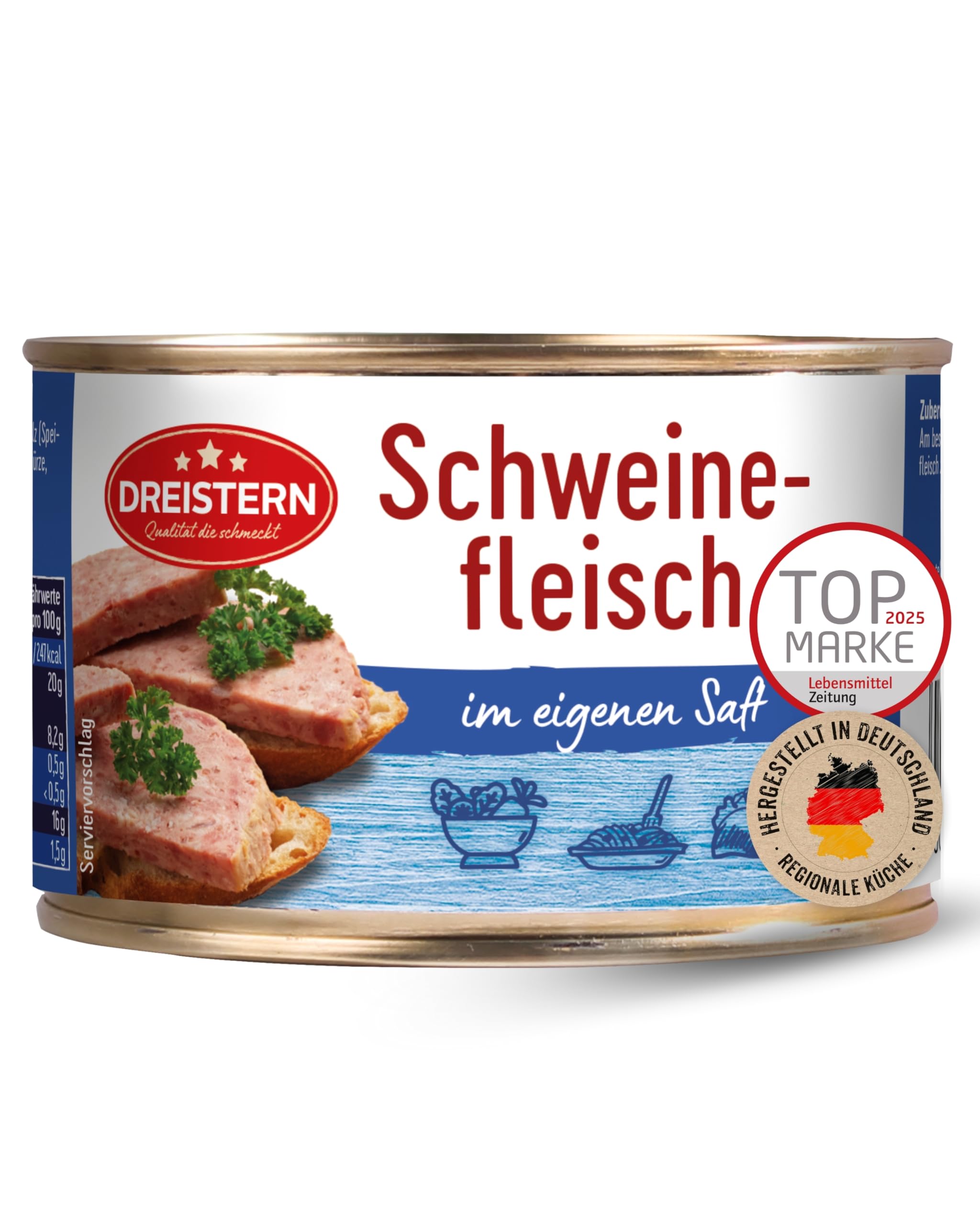 DREISTERN Schweinefleisch im eigenen Saft 400g I Mit Schweineschwarte I Herzhafte Spezialität in recyclebarer Konservendose I Lange Haltbarkeit dank natürlicher Konservierung I Hausmacher Qualität