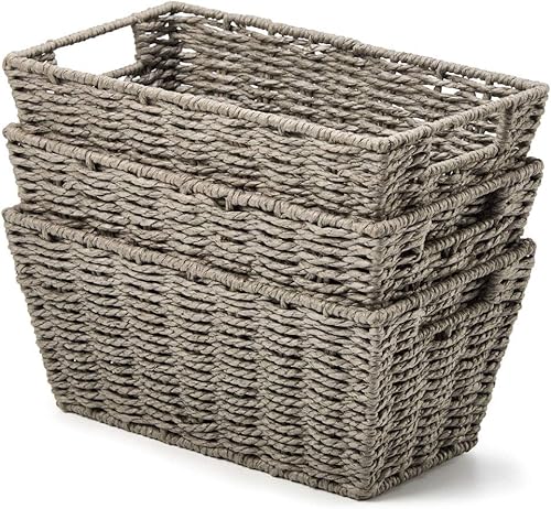 EZOWare 3 cestas de almacenamiento tejidas de cuerda de papel duraderas, contenedores organizadores trenzados multiusos con asa para armarios de