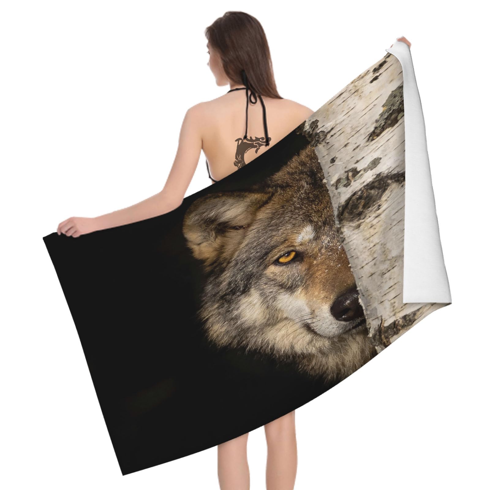 Leichong 3D Wolf Pattern Beach Towel Microfiber Soft Quick Dry for Adults, Animal Theme Bath Towel Lightweight Soft Absorbent for Travel Swimming Pool Sports, 75 x 150 cm
