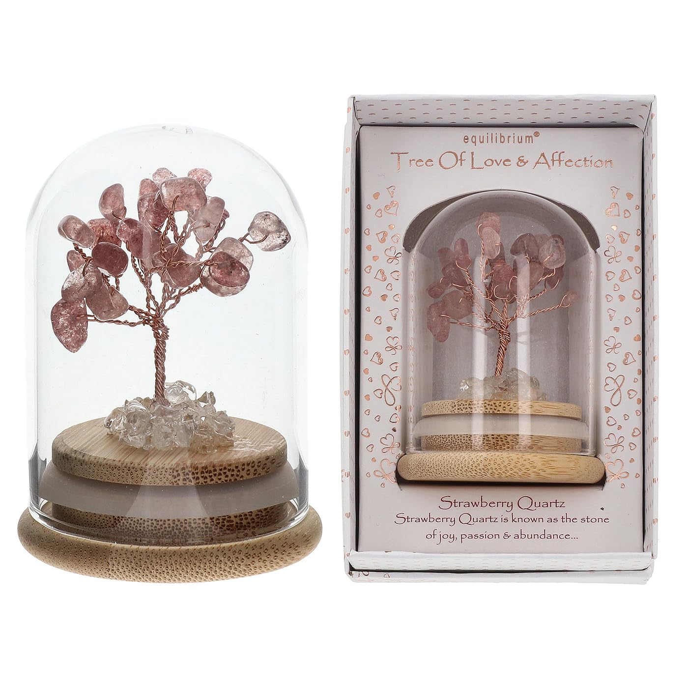 Equilibrium Strawberry Quartz Chakra Tree In Glass Dome Crystal Gemstone Bonsai Tree With Wooden Base Mixed 7 Chakras Rose Quartz Amethyst Citrine Aventurine Lapis Lazuli (Strawberry Quartz)