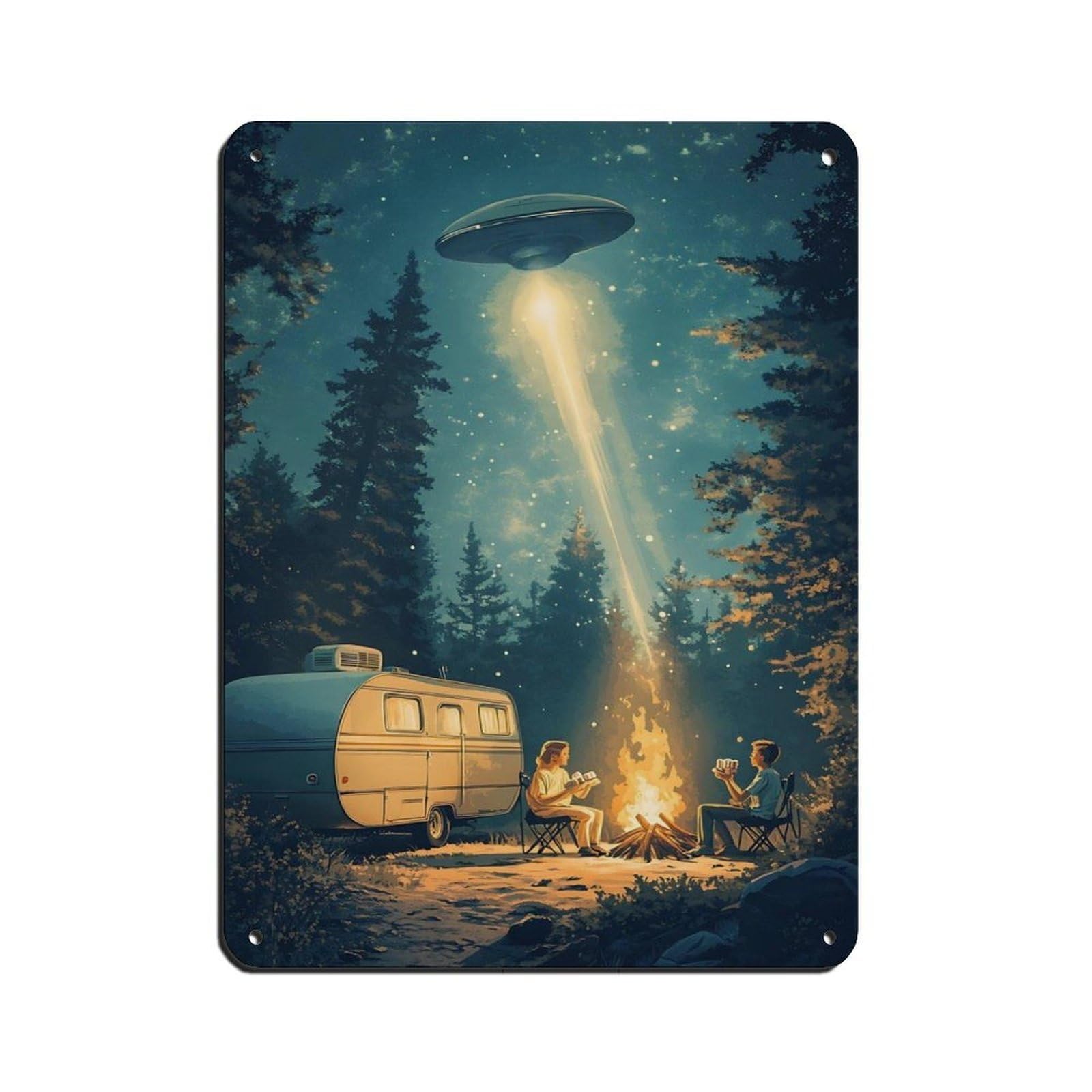 Vintage UFO Camping Scene Poster Tin Sign Vintage Metal Pub Club Cafe Bar Home Wall Art Decoration Poster Retro 12x16inch(30x40cm)