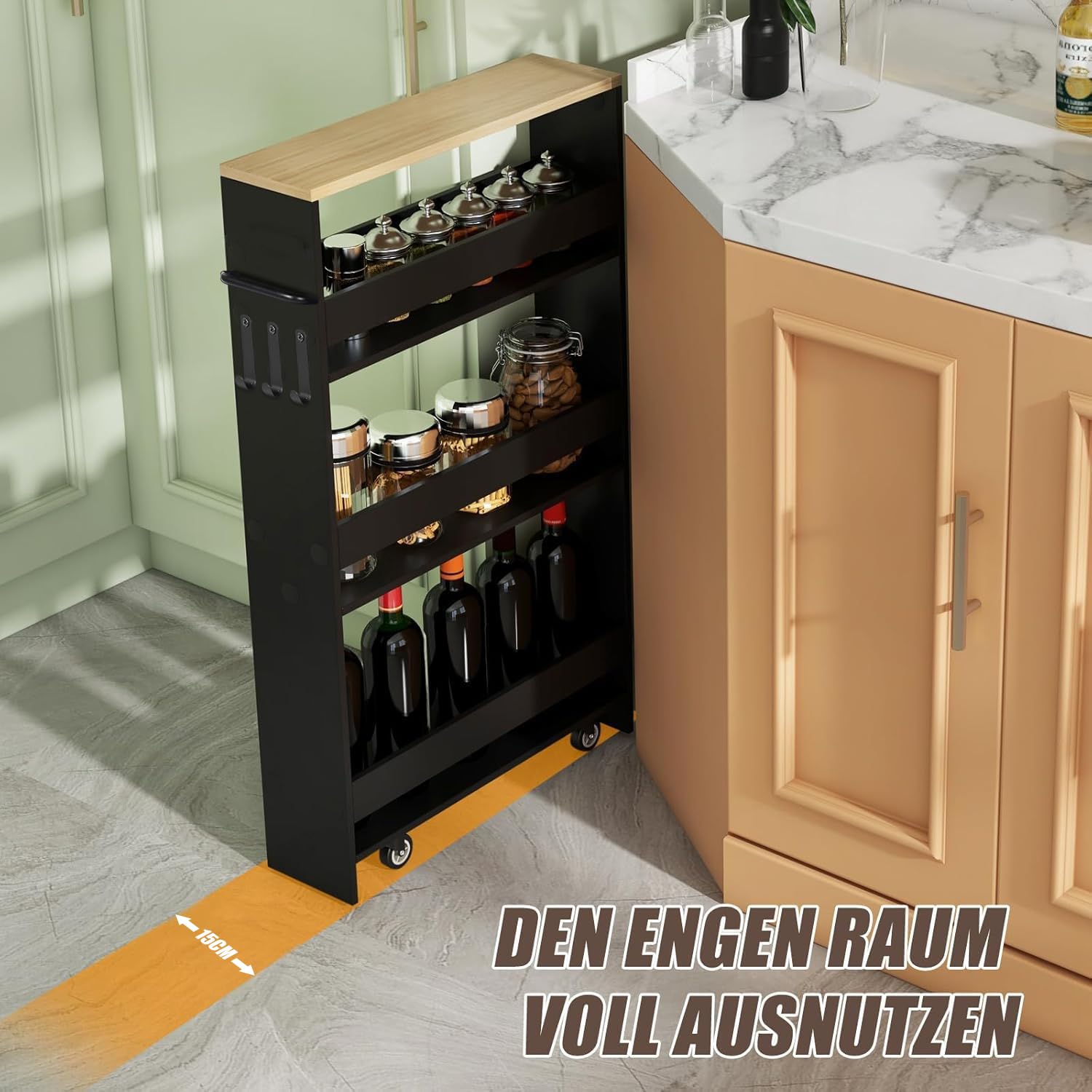 Desserte Étroite à roulettes, Desserte Cuisine, 40×15×80 cm | 4 niveaux de rangement, 15 kg par niveau, avec poignée et 3 crochets pour pour Cuisine étroite Salle de Bain buanderie Bureau