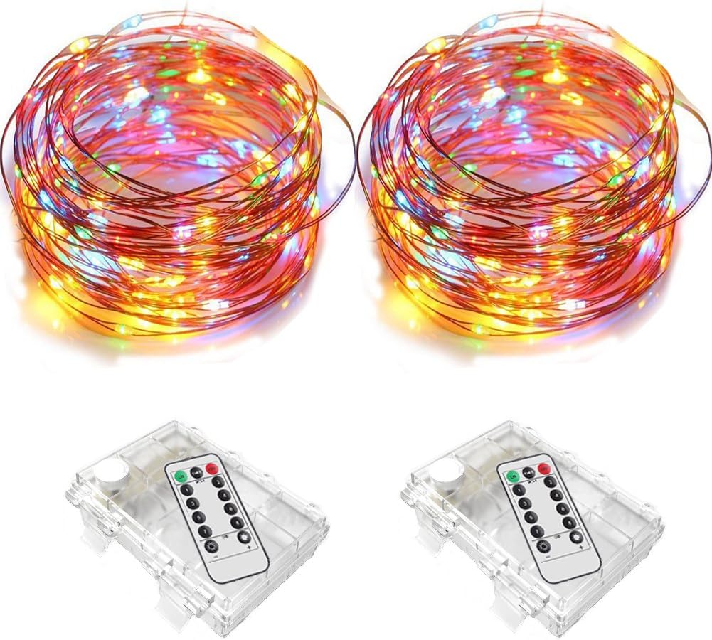 LENPOW 2 Pack Led Starry Fairy String Lights Super Bright Firefly Rope Lamp Twinkle Lantern 16.4ft 50 Led Waterproof 8 Modes Remote Control for Wedding Festival Decor Battery Operated (Multicolor)