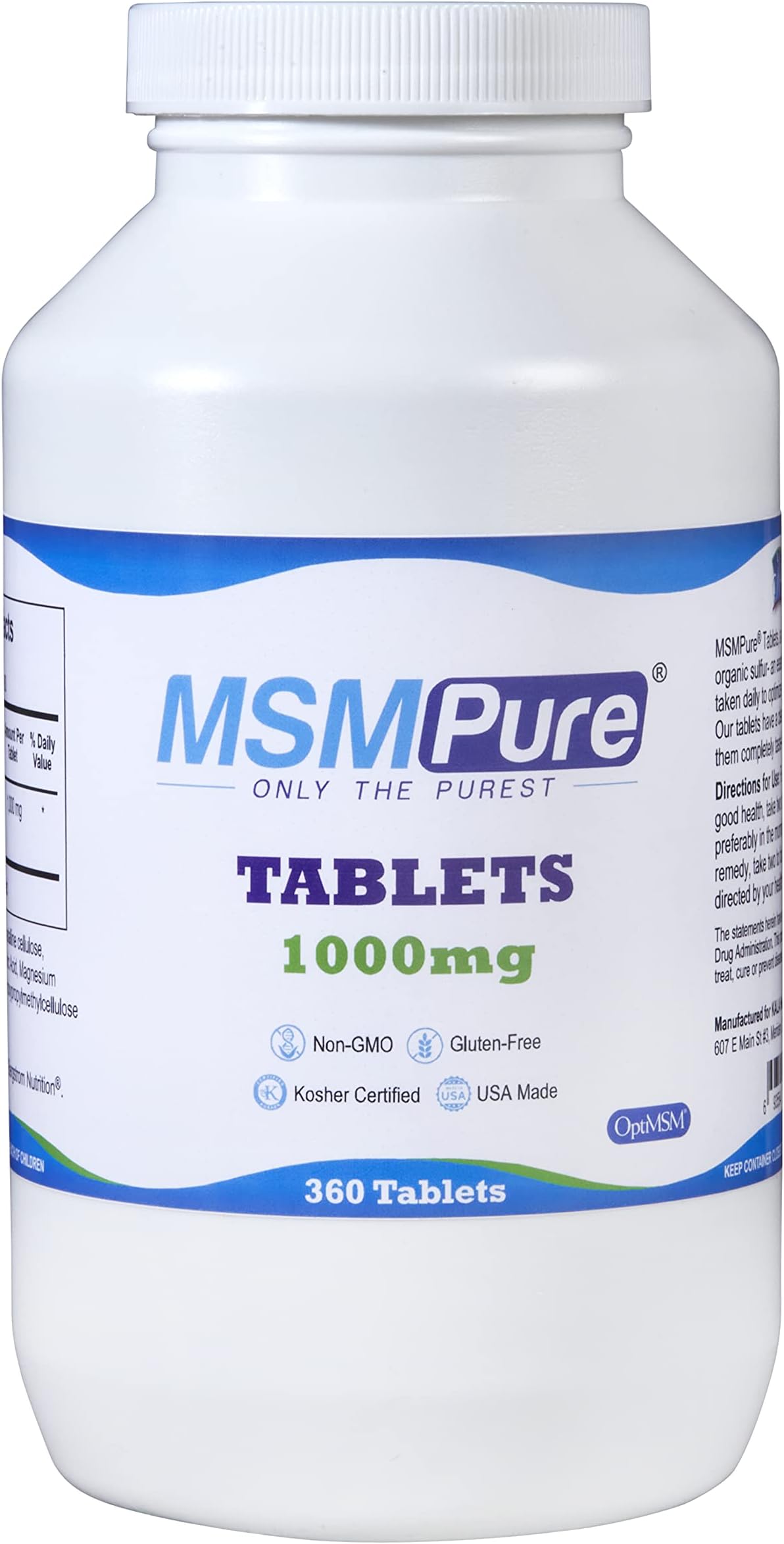Kala Health MSMPure Tablets, 360 Count, 1000 mg per Tablet, Pure MSM Organic Sulfur