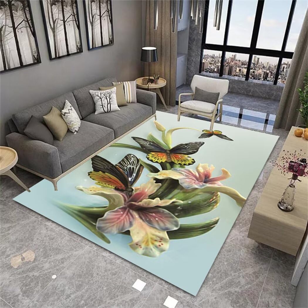 Tapis décoratif vert et bleu 100x160 cm, l'élégance du motif fleurs à cheveux courts