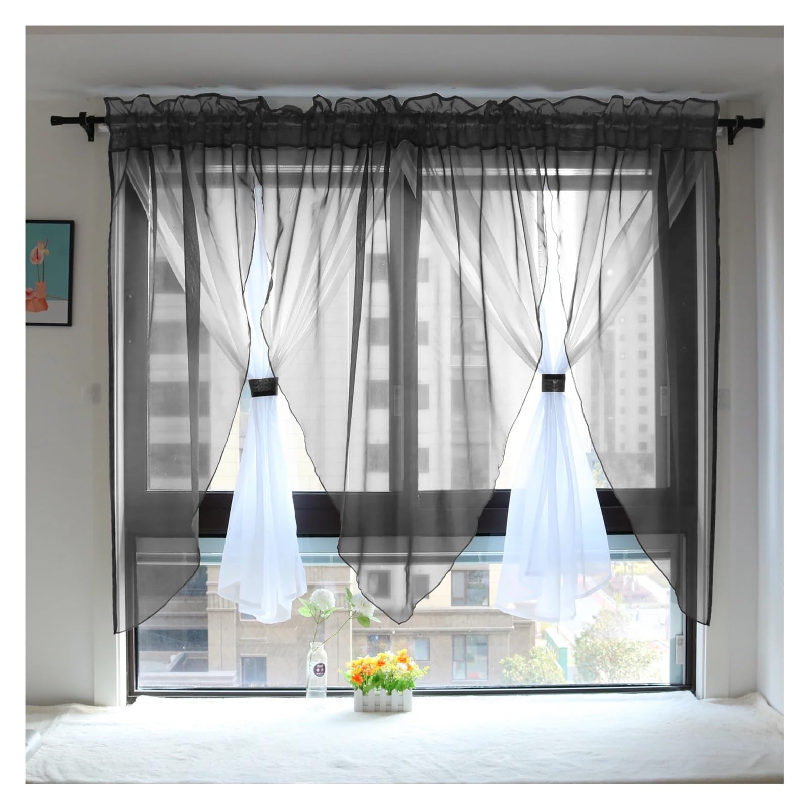 MKYYIOED Short Curtains Solid Voile Veil Livingroom Balcony Bedroom Curtain Sheer Short Kitchen Window Treatments(Dark Grey,ROD-POCKET_W200CM X H100CM)
