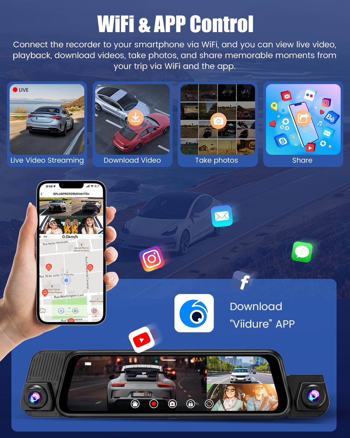 Dashcam a 4 Canali con Specchietto Retrovisore da 1080P e Telecamera Posteriore, con WiFi, Touchscreen IPS da 9,7", Registrazione in Loop, Visione Notturna IR e Sensore G,Scheda da 64 GB in Omaggio