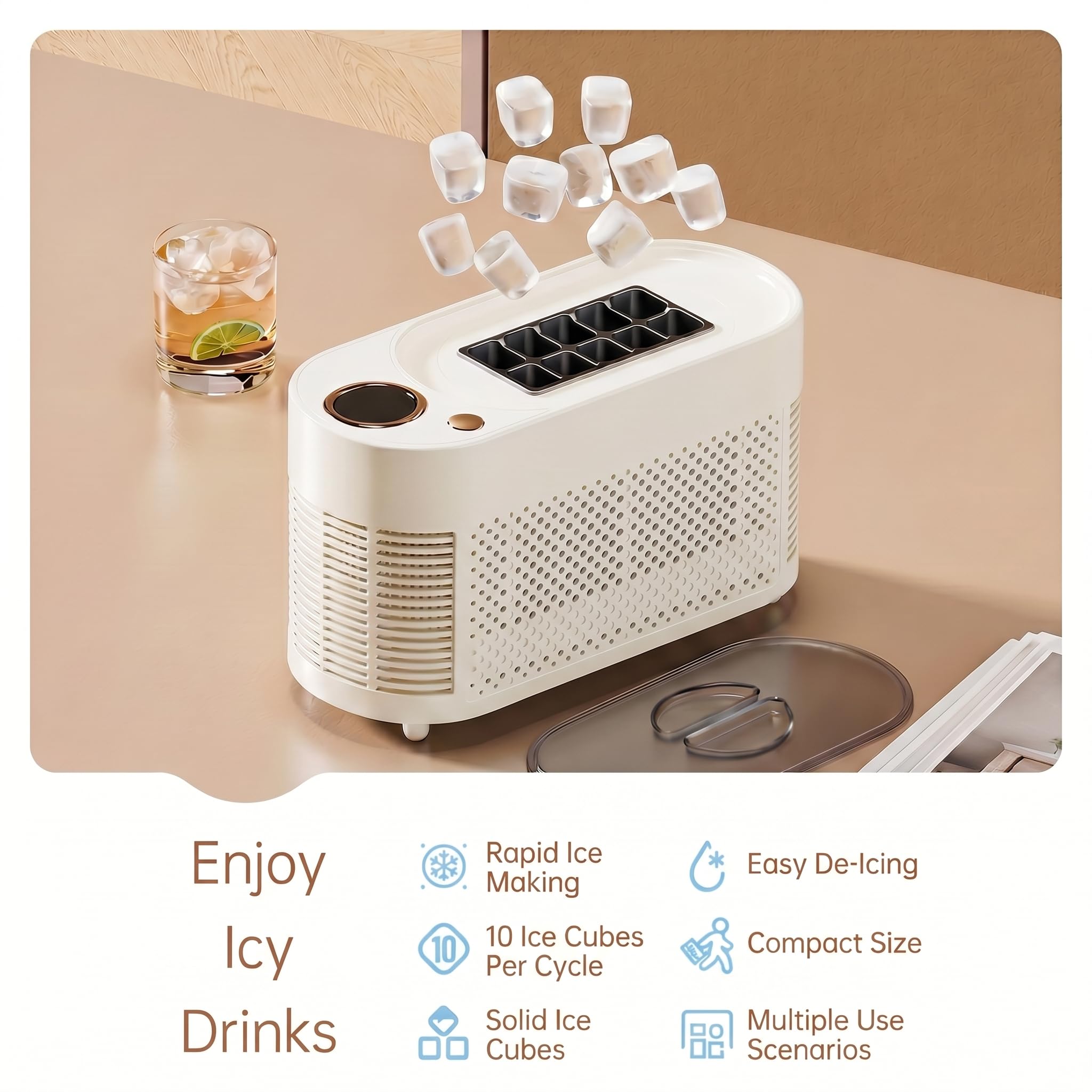 Condition photo showing New/Like New for portable ice maker, 12v dc mini car ice maker, makes 10 cubes in 15-20 mins, with cigarette lighter for trips, camping(adapter needs separate buy 5.5x2.1mm f to 5.5x2.5mm m converter) ?white?