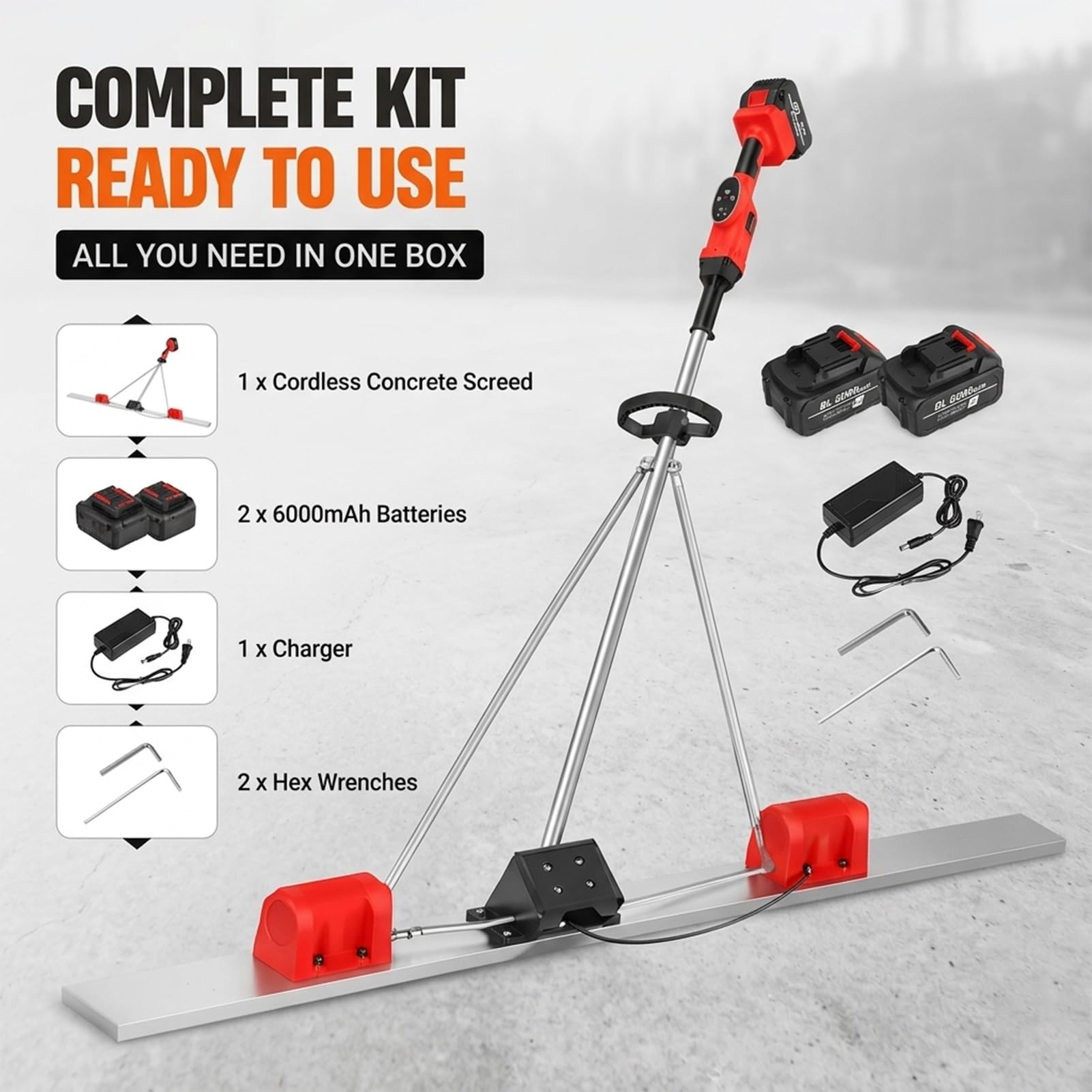 Staggia Vibrante Professionale per Cemento, Motori Brushless Doppi 48V, Barra in Acciaio Inox da 2M per Lisciatura di Superfici in Calcestruzzo e Massetti Edili(2M)