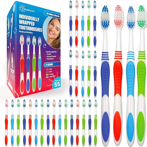 Miniatura 8 de Cepillos de dientes envueltos individualmente a granel, paquete de 55, cepillos de dientes a granel, cerdas medianas, cepillos de dientes