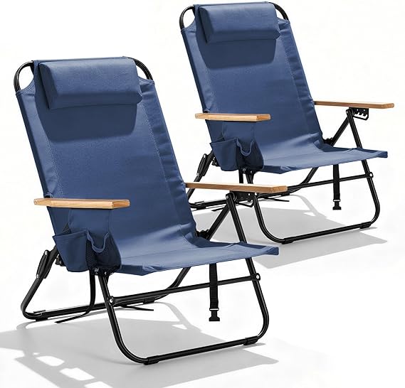 2 Pack Premium 5-Position Reclining Camping Chair - Portable Folding Lightweight Outdoor Chair with Wooden Armrests, Headrest & Pockets, 350lbs Heavy Duty for Beach, Patio, Backyard, Navy Blue