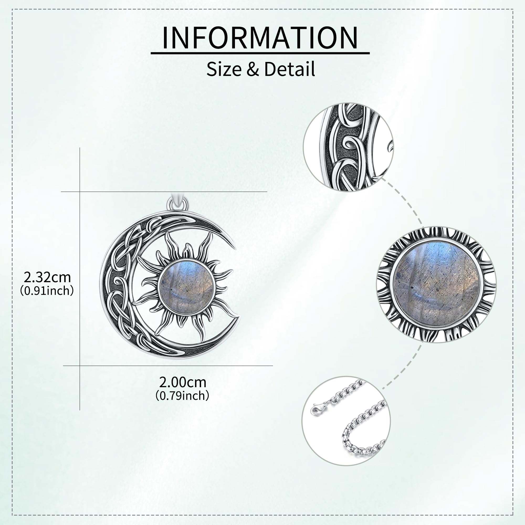 Sonne und Mond Halskette 925 Sterling Silber Labradorit Keltischer Planet Anhänger Halskette Schmuck für Damen