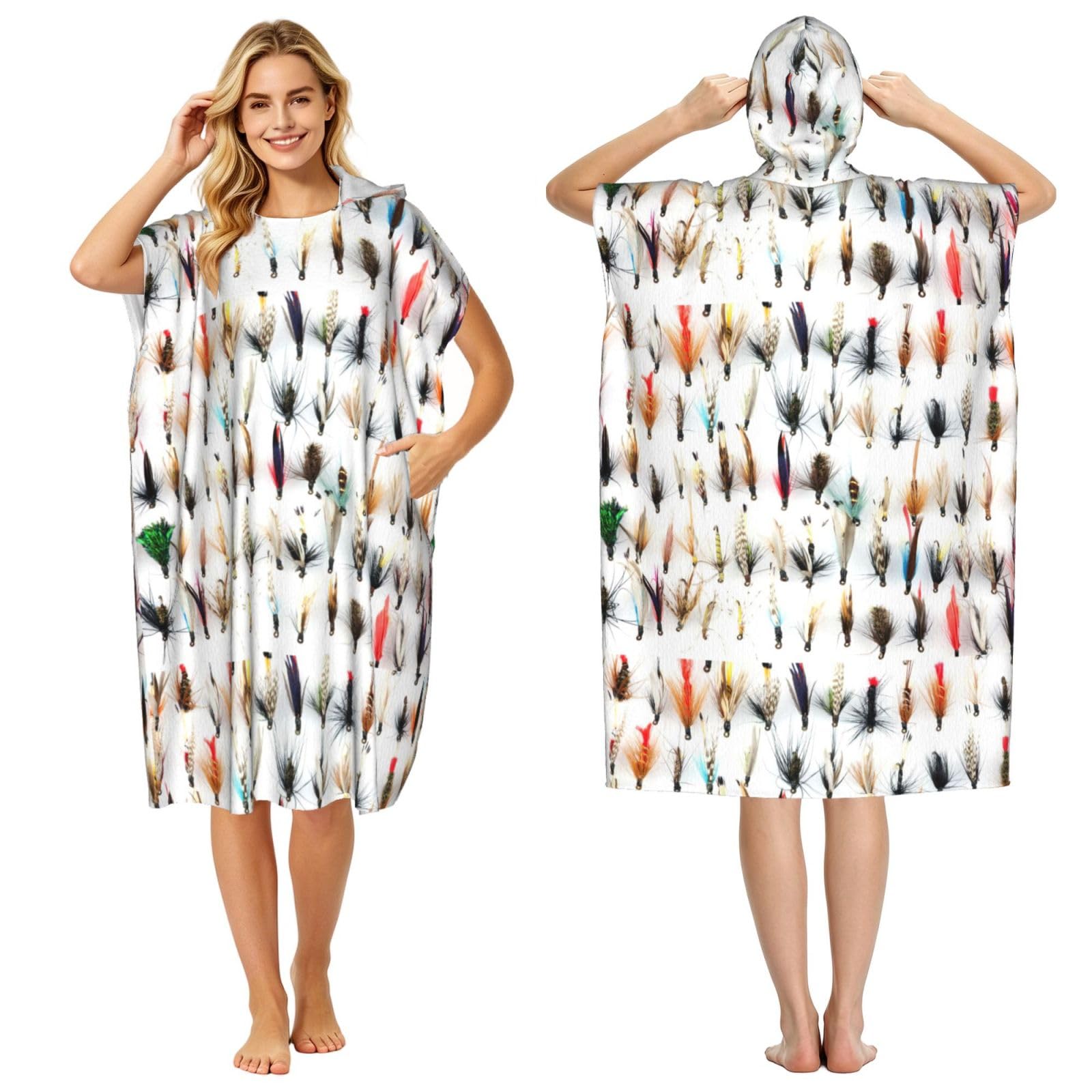 Poadnly White Fish Selection Of Traditional Trout Fishing Flies, Adult Hooded Beach Towel 90 x 110 cm,Changing Bath Robe, Surf Poncho Towel For Women Men