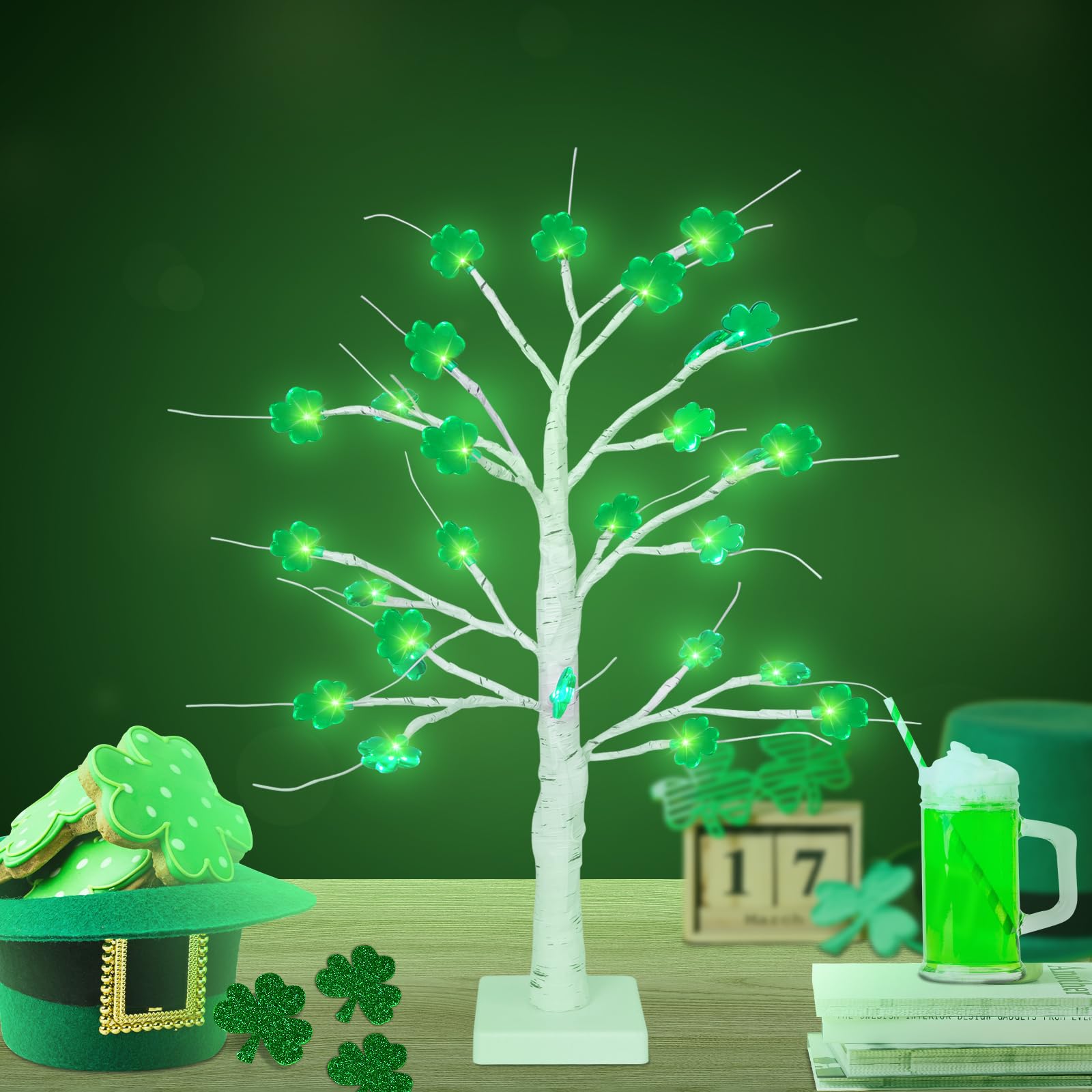 Photo 1 of 18 Inch Shamrock Tree Lights St Patricks Day Decorations with Timer, Saint Patricks Day Decor Lighted Tree with 24 LED Shamrock Lights, Battery Operated St. Patrick's Day Lights for Home Table Party 18IN-TREE
