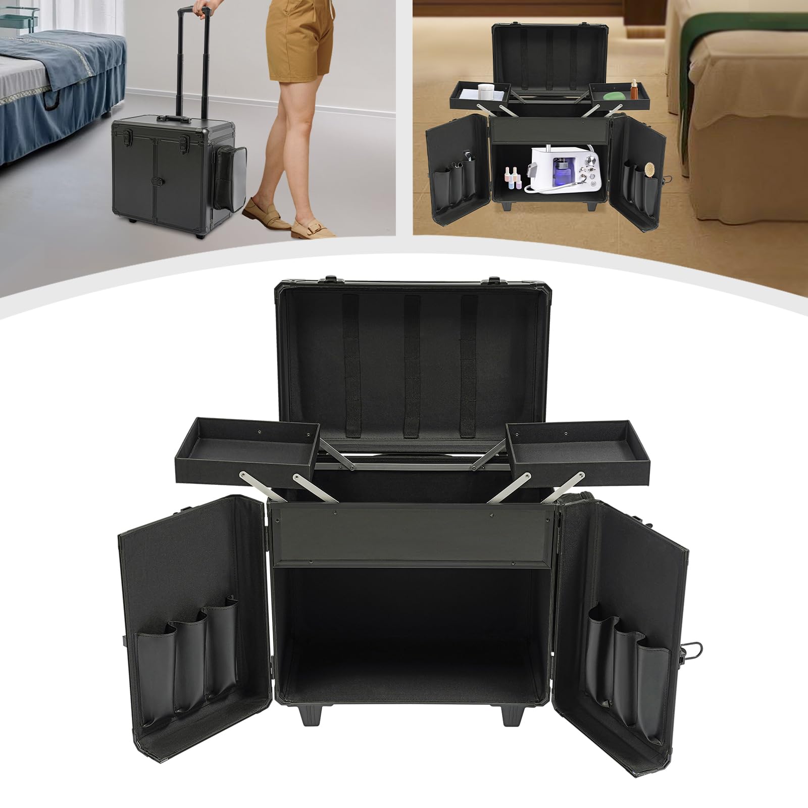 Fußpflegekoffer Mobile, mobil mit Zugstange und 2 Rädern, 50 kg belastbar, Werkzeugkoffer für Fußpflege und Maniküre, 46x29x42 cm (Schwarz)