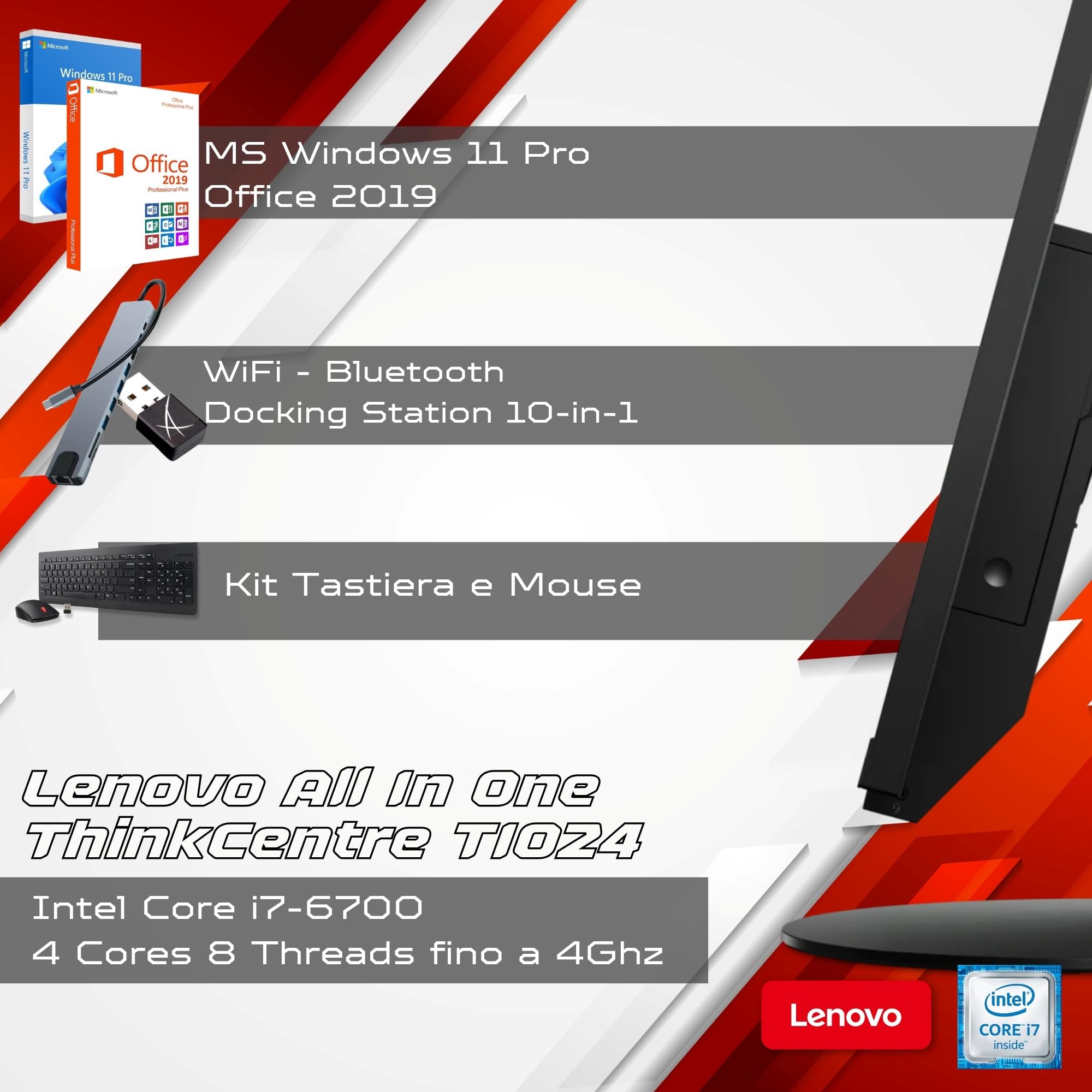 Lenovo All In One ThinkCentre TIO24 24″ Full HD | Intel Core i7 | 32GB | 1000 GB SSD | DOKING STATION 10 IN 1 WebCam Win 11 Pro 36 Mesi Garanzia (Ricondizionato con (Kit Tastiera e Mouse Italiano)