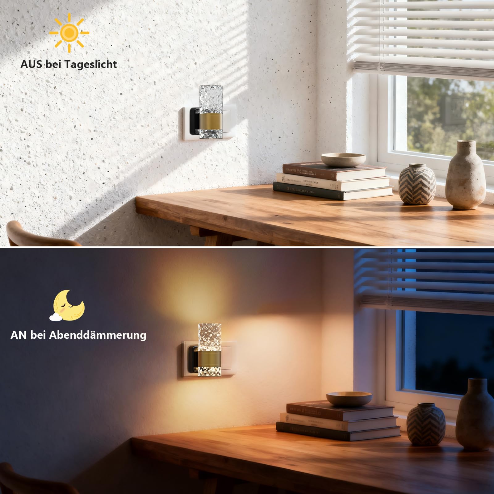Nachtlicht Steckdose –2 Stück LED Nachtlicht Oberen und Unteren Beleuchtung Ultrahelles mit Intelligentem Sensor, Dimmbares LED für Schlafzimmer, Küche, Flur, 3000K (Gold-Transparent)