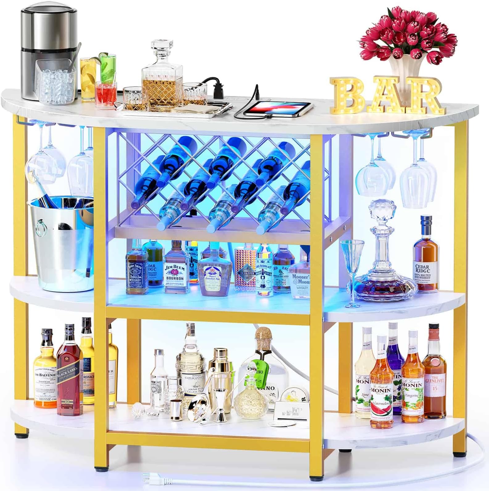 Zarler Bar Table Cabinet with Power Outlet, LED Home Mini Bar Cabinet for Liquor, Metal Wine Bar Stand with 4-Tier Storage, Easy to Assemble, Gold