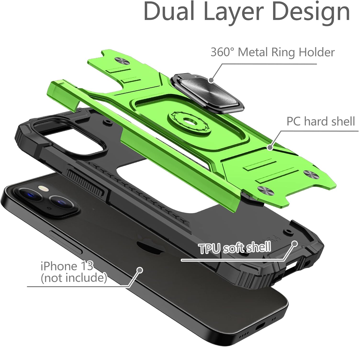 ANOUKE for iPhone 13 Case, with 3 Pcs Tempered Glass Screen Protector, Military-Grade Built in Magnetic Ring Kickstand Dual Layer Hybrid Shockproof Rugged Cover for iPhone 13 6.1" - Green - Image 5