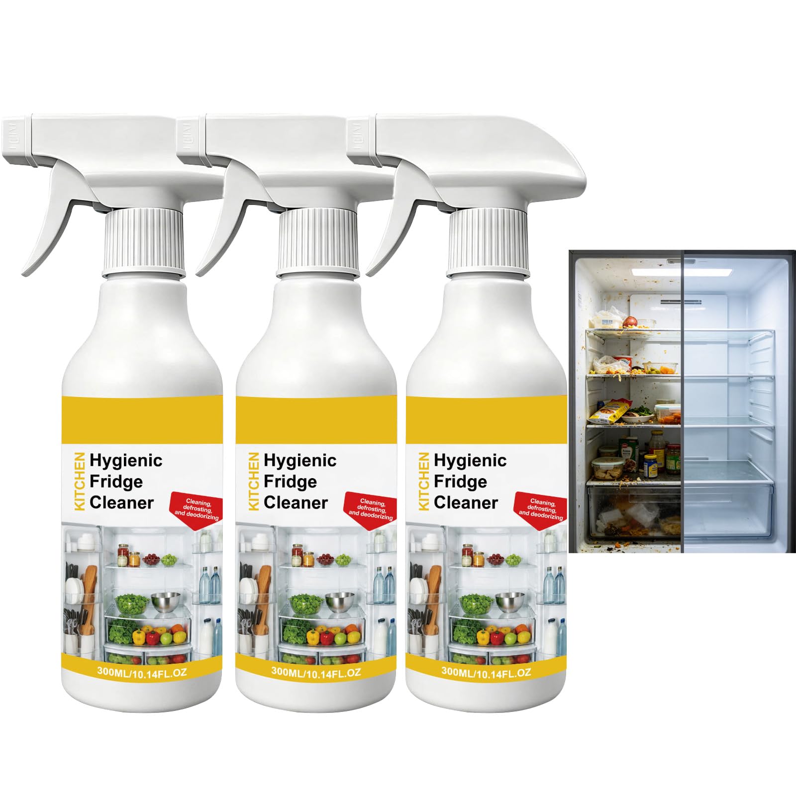 Spray higiénico para limpieza de frigorífico, limpiador de cocina multiusos, limpiador de frigorífico interior y neutralizador de olores, elimina residuos, suciedad y olores (3 unidades)