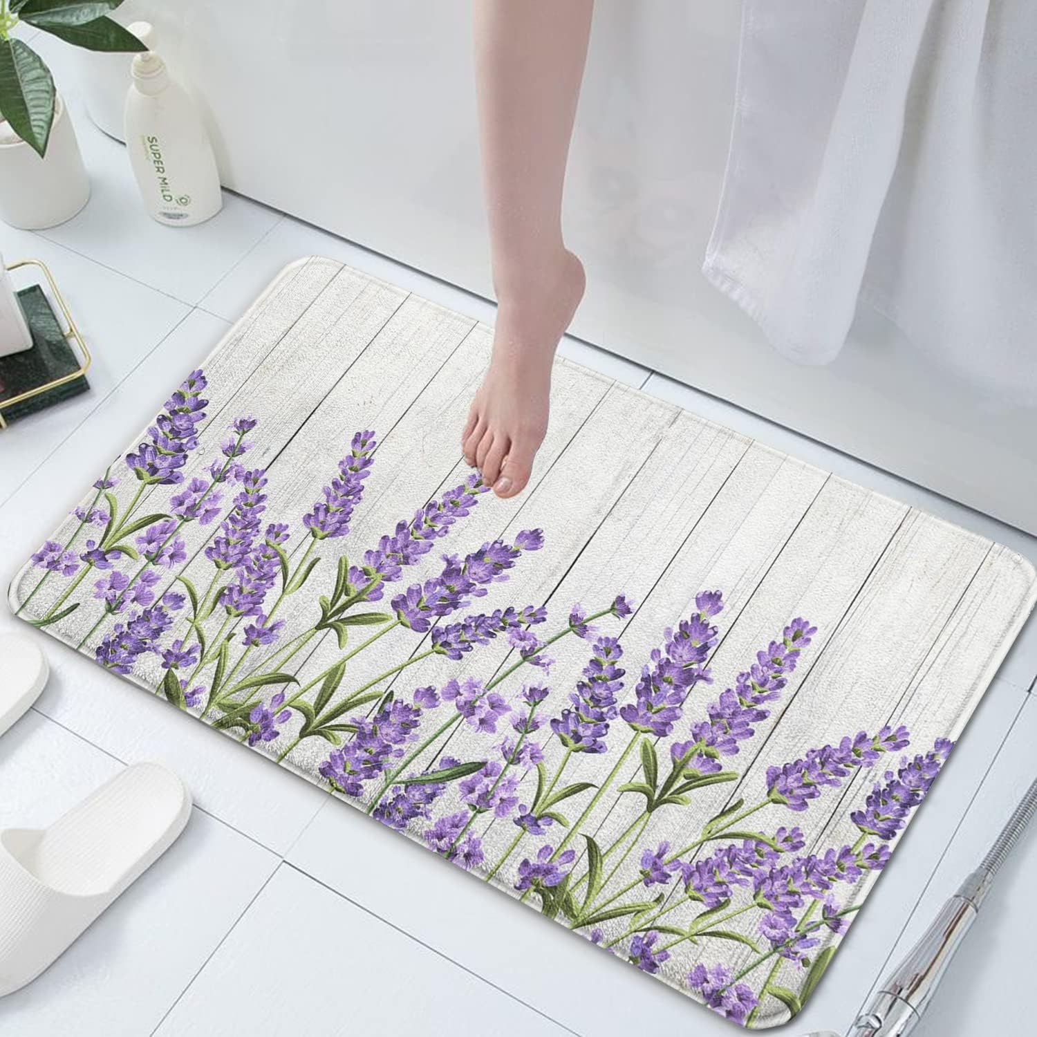 Lavender Watercolor Floral Imitation Cashmere Bathroom Mat Rug -Rubber Non Slip Quick Dry Super Absorbent Thin Bathroom Rugs for Bathtub Shower Room Sink (17" W x 27" L Purple)