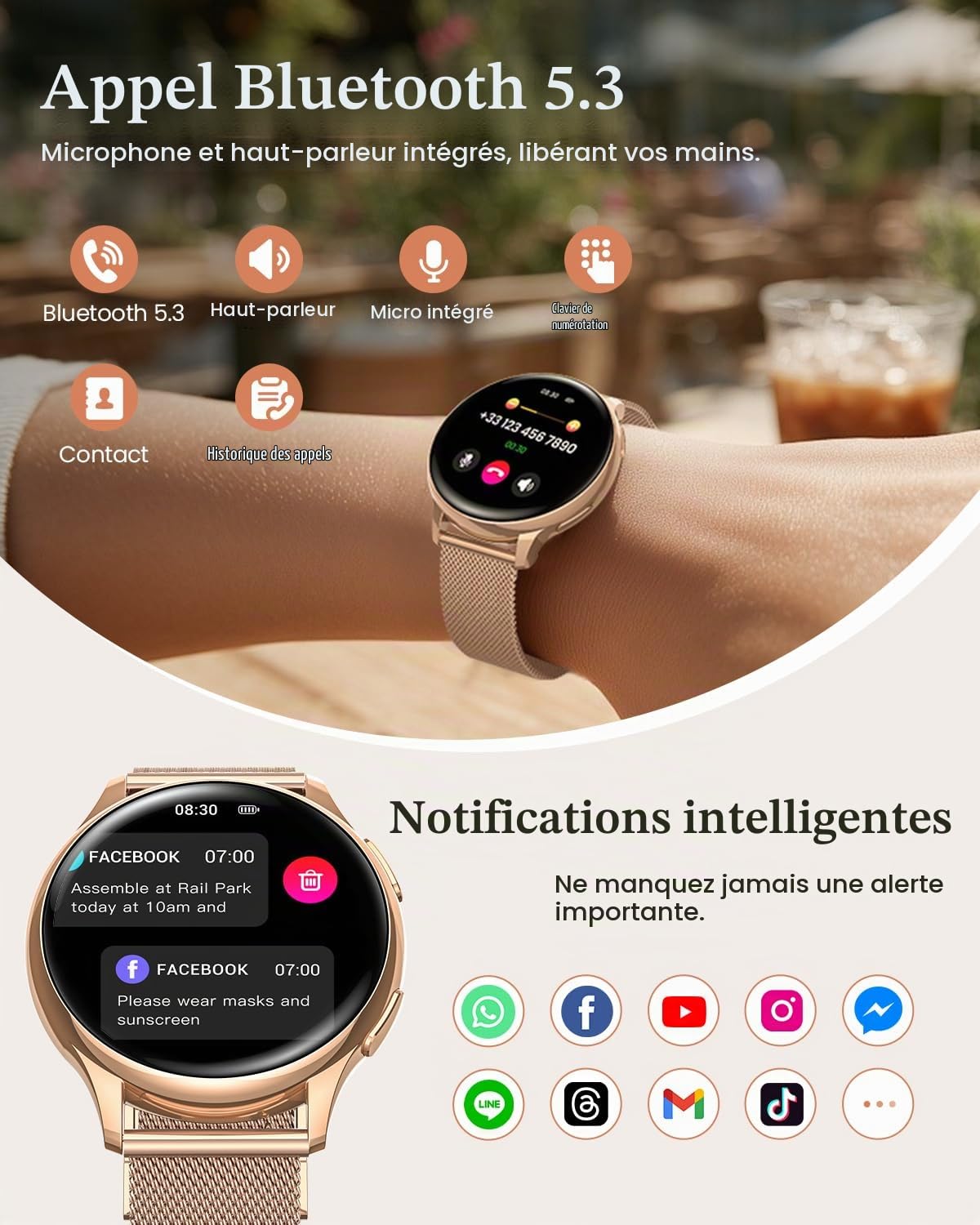 Montre Connectée Femme avec Appel, 1.27" HD Smartwatch Fonction Féminine, 120+ Modes Sportifs, Sommeil, 24H Fréquence Cardiaque, 24H SpO2, Calories, Podomètre, IP68 Android iOS Or Rose