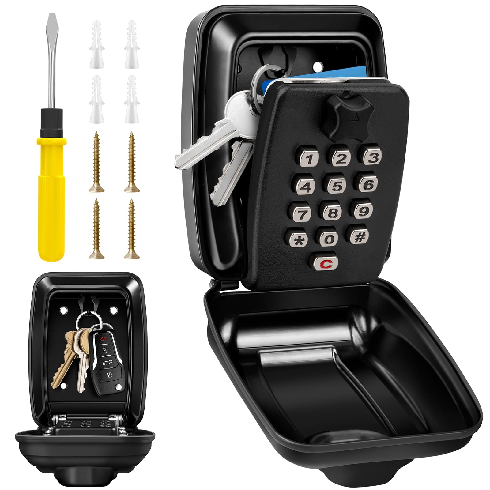 Key Lock Box Wall Mounted Key Storage Box Waterproof 12 Digit Combination Security Lock Box Large Capacity Resettable Code Key Safe with Weatherproof Cover for Home Garage Office School