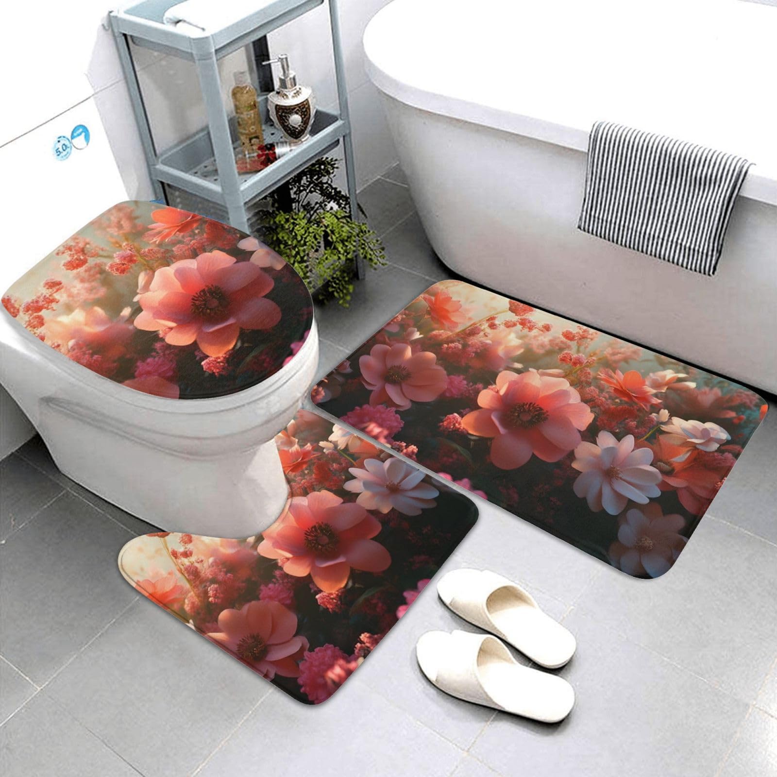 The Cluster Of Red Flowers In The Sunlight - Set di 3 tappeti da bagno in memory foam, morbidi e assorbenti a forma di U, decorazione per la casa, asciugatura rapida