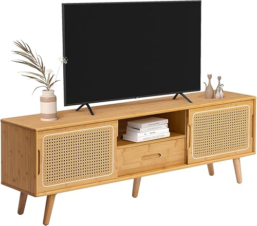 Miniatura 11 de HollyHOME Soporte de TV de bambú con almacenamiento para televisores de hasta 65 pulgadas, moderno centro de entretenimiento con 2 estantes