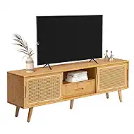 HollyHOME Bamboo TV Stand with Storage for TVs up to 65", Modern Entertainment Center with Rattan and Drawer, Accent TV Table with 2 Shelf, Media Console Cabinet for Living Room, Bedroom, Burlywood