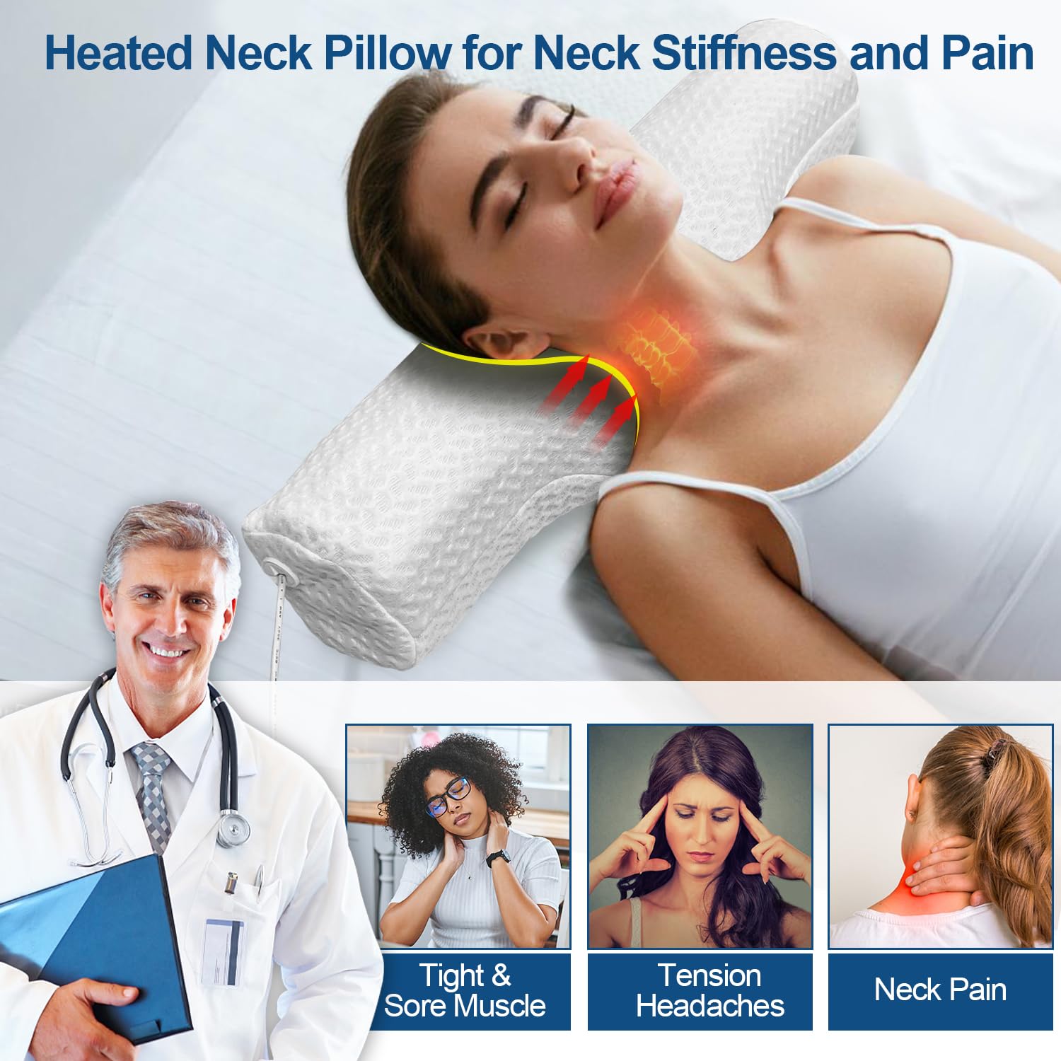 Heated Neck Pillow Memory Foam Cervical Pillow, Heated Neck Stretcher