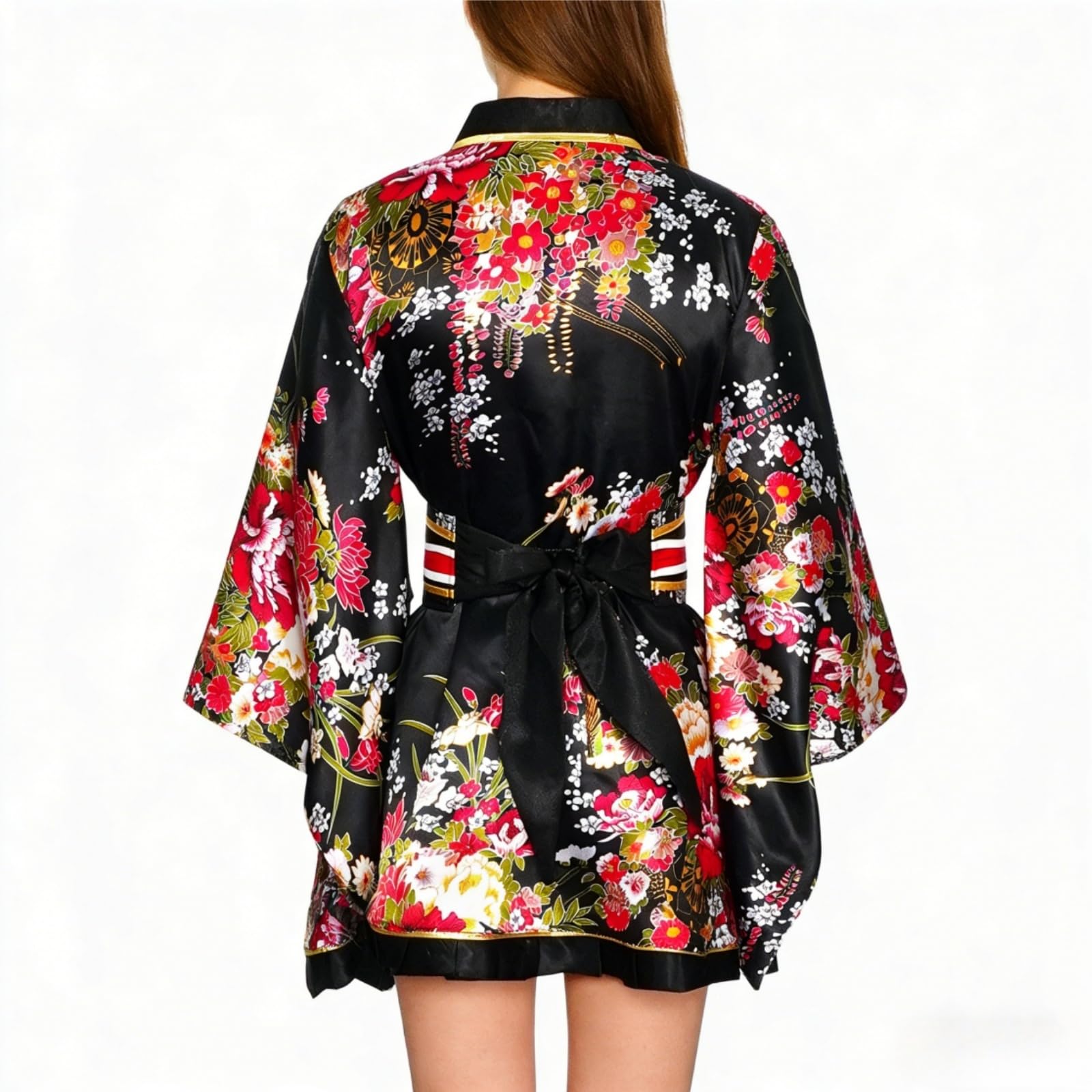 Kimono Japonais Femme Court,Yukata Imprimé Floral avec Accessoires | Kimono Été, Taille Unique, Ensemble avec Éventail, Maske, Cheveux, Coffret Cadeau, Ideal pour Carnaval, Fête, Anime-Con