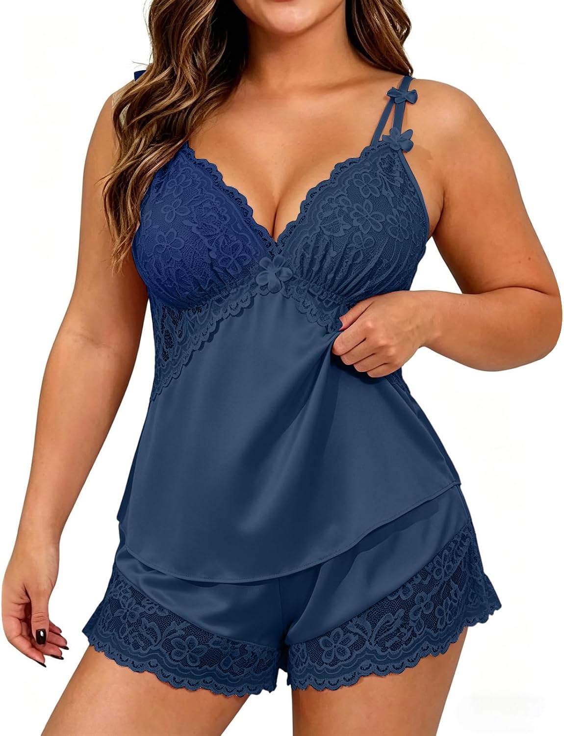 HGps8w Womens Plus Size Camisole Shorts Pajamas Sets, Sexy Deep V Neck Lace Lingerie Summer 2 Piece Nightwear