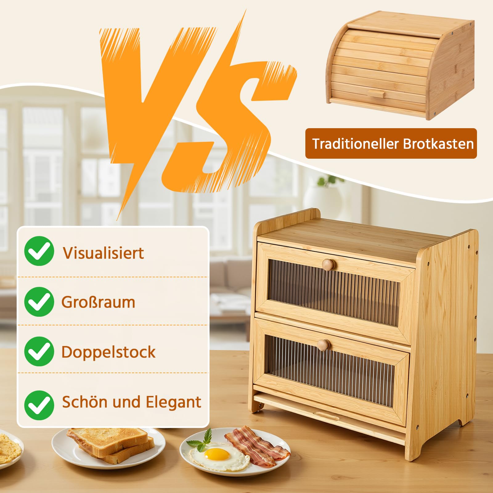 HAUSPROFI Brotkasten Bambus 2 Etagen, Brotkästen Holz mit Schneidebrett Belüftung Gewelltes Sichtbares Fenster, Elegant Brotbox Küche zur Brotaufbewahrung, Bread Box 40x25x40cm Groß