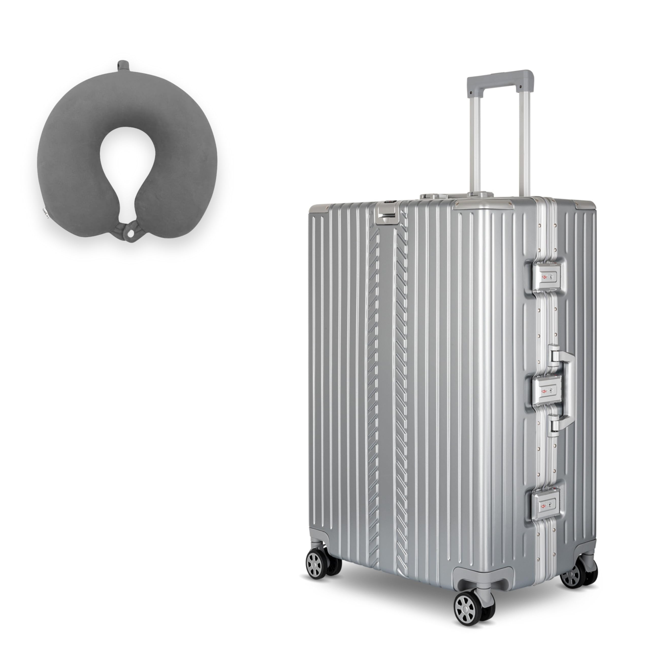 WINLIFE Walizka podróżna w rozmiarze XL, aluminiowa rama z ABS + antracytowa poduszka pod kark i zamkiem TSA, 75 cm, walizka z twardą obudową, duża walizka, kolor srebrny, srebro, XL, 1 x walizka na