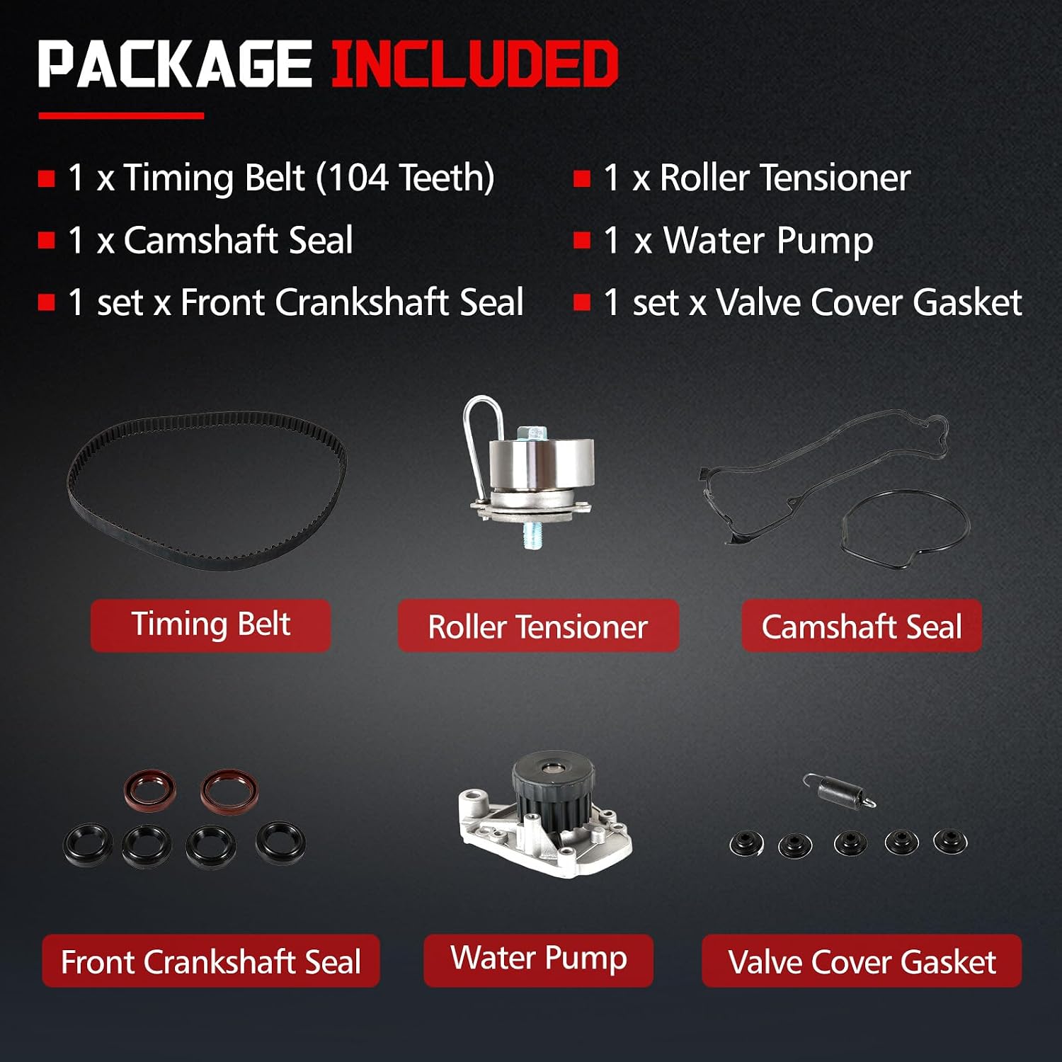 Timing Belt Kit with Water Pump for 2001-2005 Civic 1.7L L4 SOHC 16 VALVE D17A1 D17A2 D17A6 D17A7 Engine, Replace# 14400-PMM-A02 14520-PLC-335 19200-PLM-A01 TS26312 ITM312