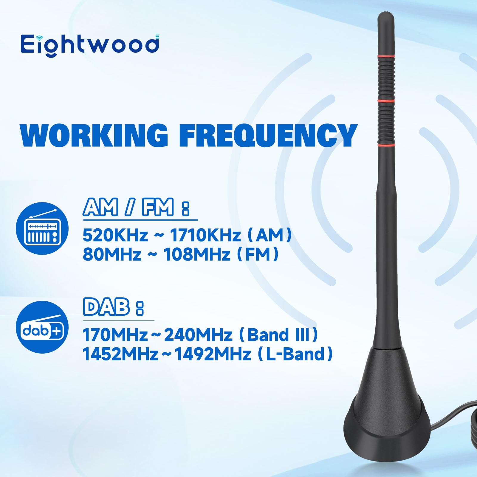 Eightwood DAB/FM Active Car Radio Antenna with Amplifier - Digital Roof Antenna with 5m Extension Cable for Pioneer
