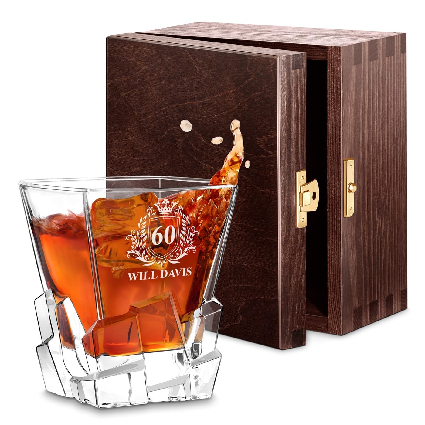Maverton Personalised Whiskey Glass for Man - 250 ml Tumbler with Laser Engraving - Elegant barware - for Whisky Connoisseur - for Birthday - Designed Base Resembling ice Cubes - Emblem
