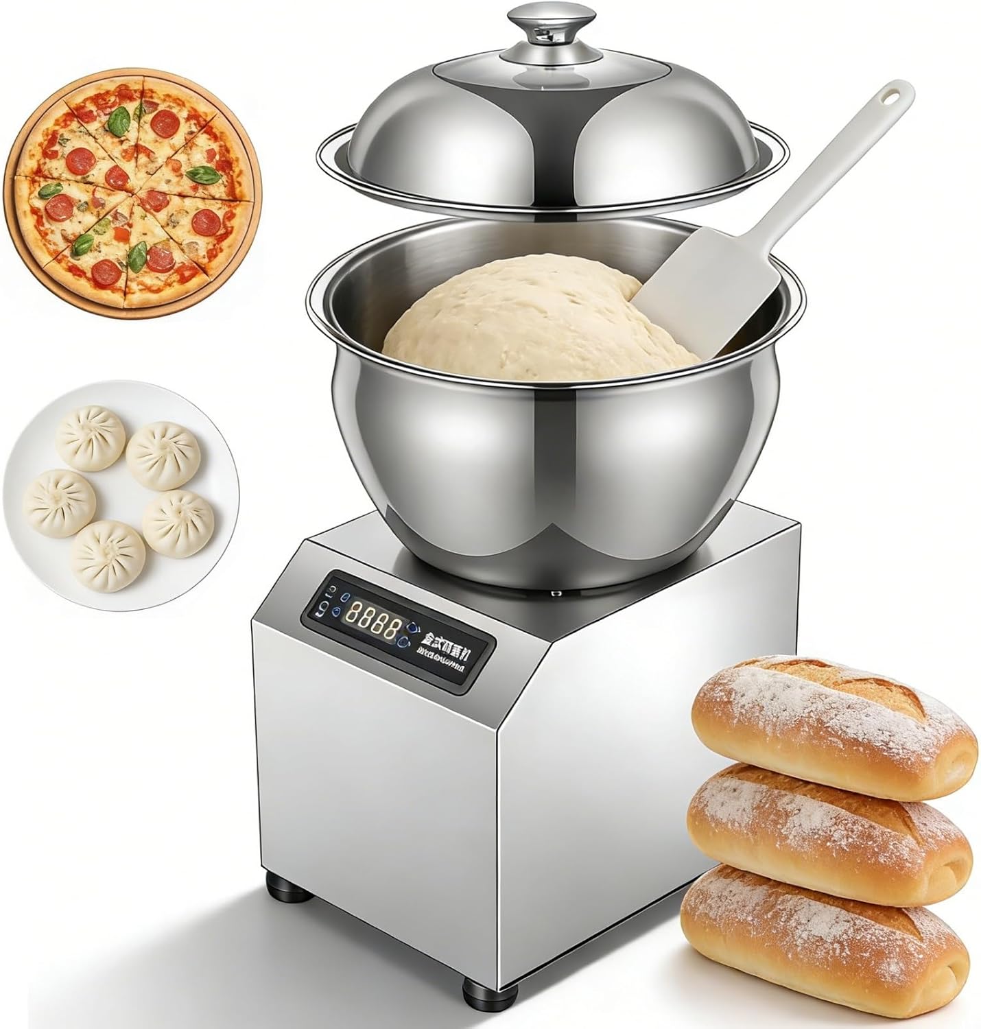 1800W Commercial Spiral Dough Mixer, Electric Spiral Mixer Dough with Dual Rotation and Digital Display, Dough Maker with Heating Function and Removable, Bread Dough Mixer for Bakery(8kg)