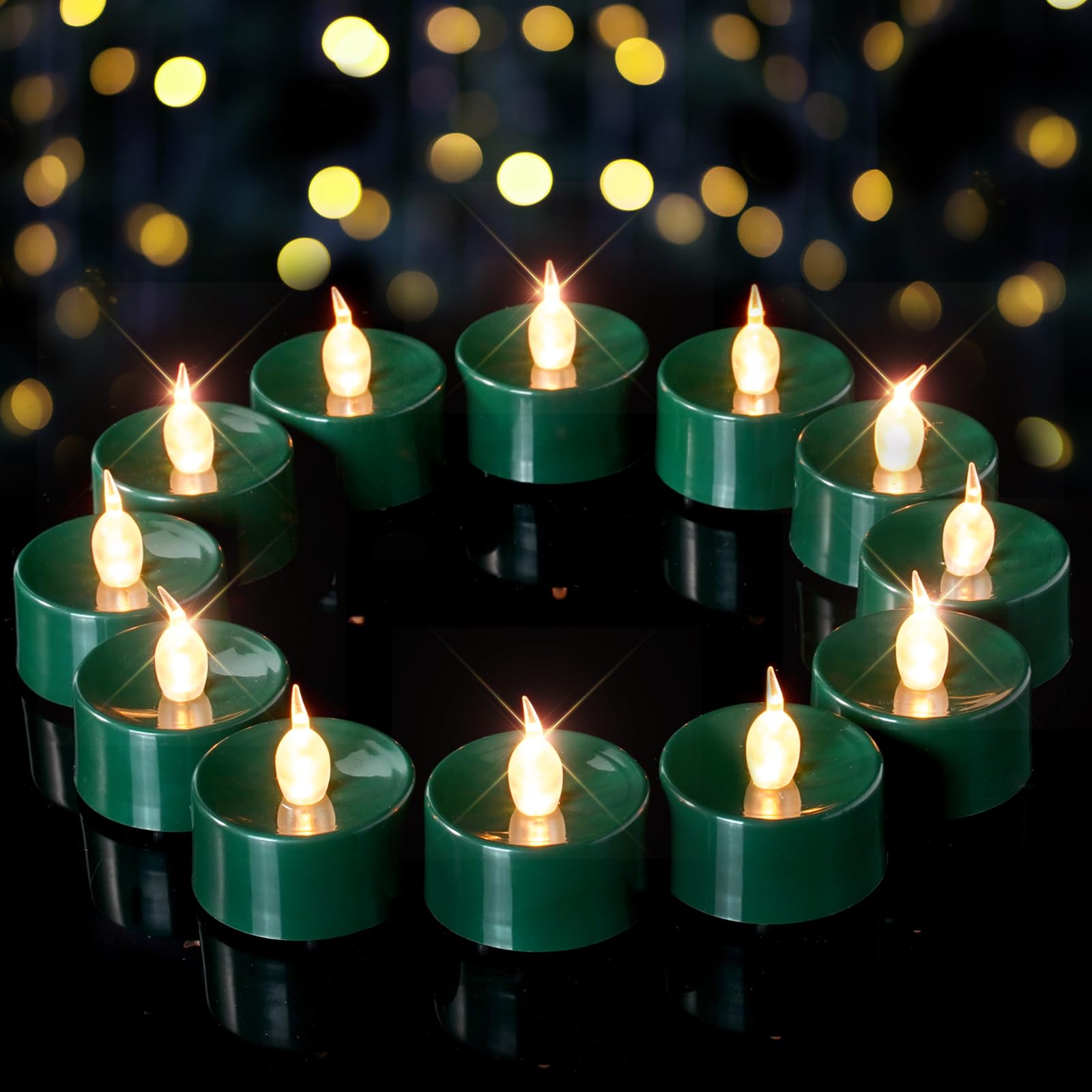 merrynights Green LED Candles, 12 Pack Tea Lights Candles Battery Operated, Flameless Tealight Candle, Realistic Tea Lights for Halloween Christmas Party Decor Mardi Gras