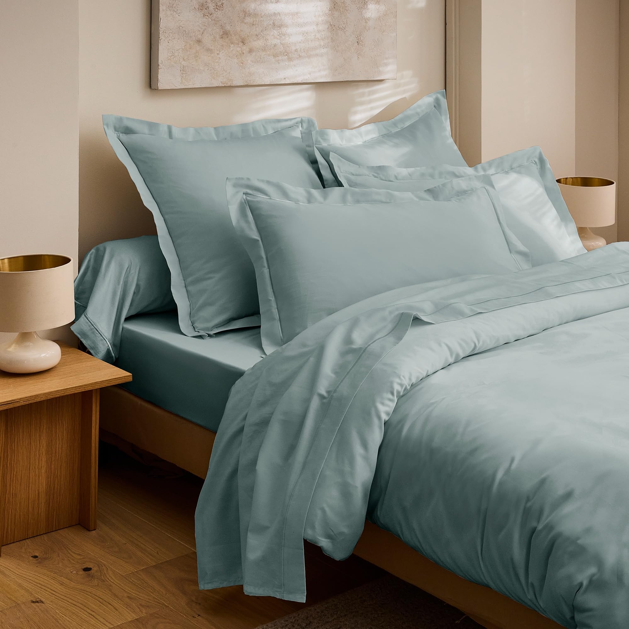 Drap plat 270x300 satin de coton 120 fils céladon grand lit pur coton